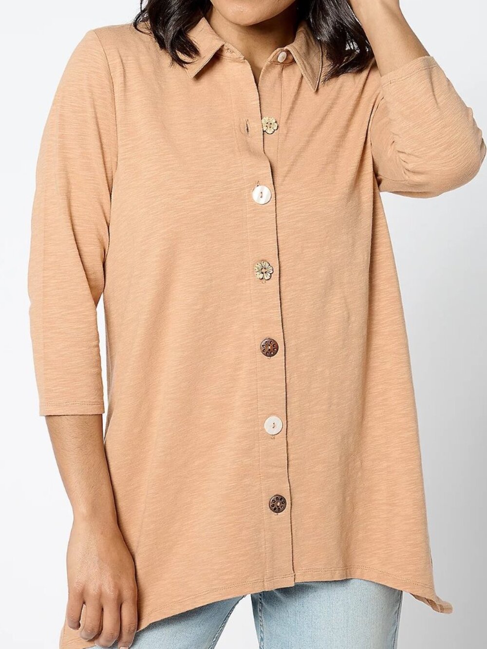 Denim & Co. Regular Texture Knit 3/4 Sleeve Button Tunic Top Sandalwood Small
